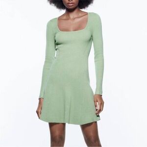 Zara Skater Ribbed Knit Long Sleeve Mini Dress in Light Green